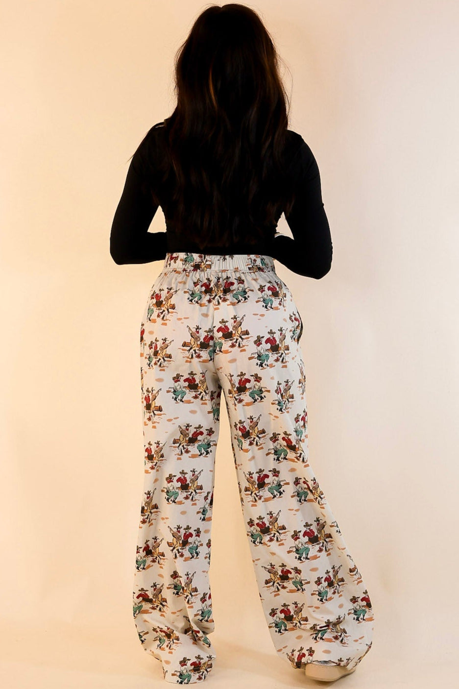 Newest Trend Cowboy Print Cotton Pants with Elastic Waistband in Ivory