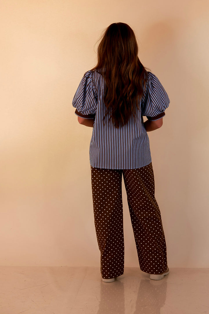 Pop of Polish Short Puff Sleeve Button Front Top with Contrast Trim in Blue and Brown