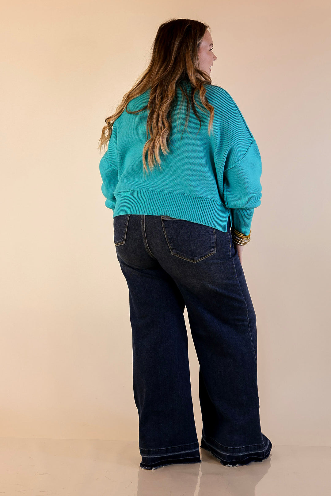 Fireside Fit Cropped Long Sleeve Mock Neck Sweater in Turquoise Blue