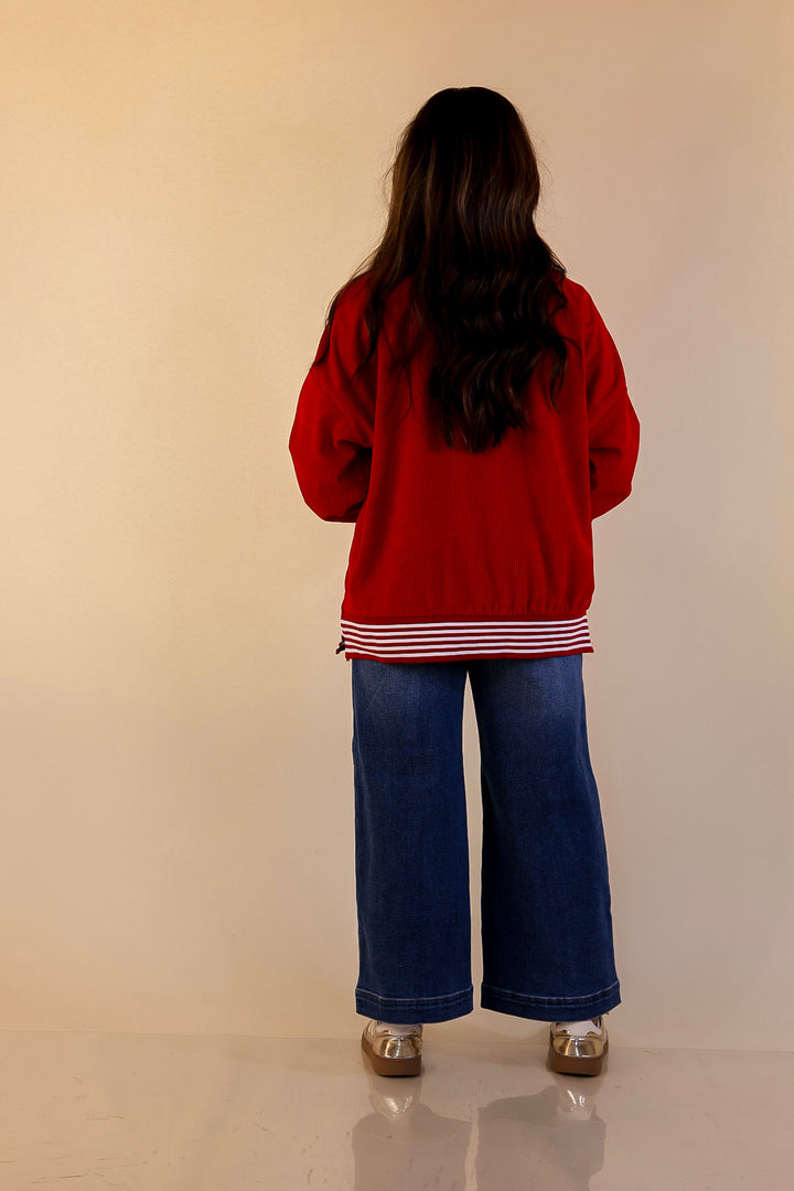 Candy Cane Lane Corduroy Crewneck Top with Side Slits and Sequin Candy Canes with Bows in Red
