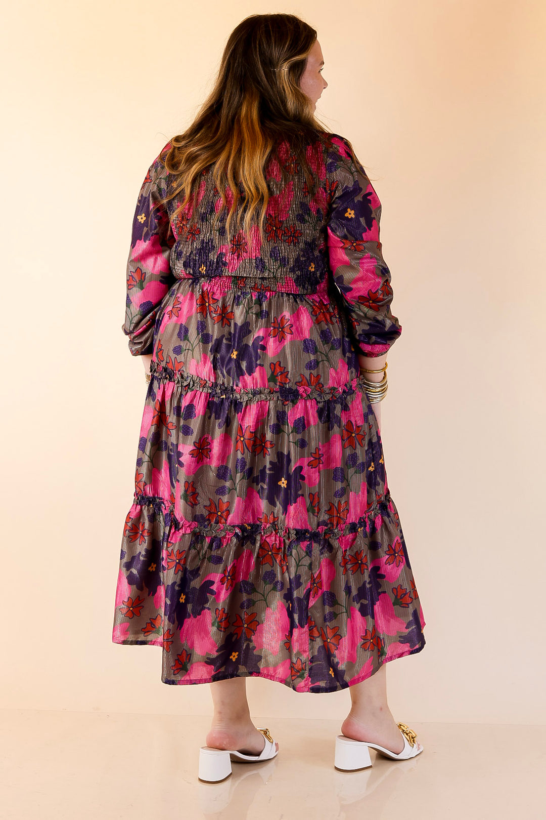 Mud Pie | Shaffer Smocked Bodice Long Sleeve Midi Dress with Tiered Skirt in Pink Mix