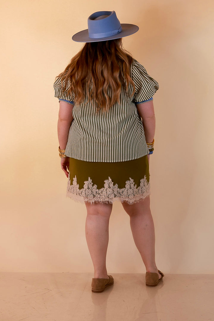 Pop of Polish Short Puff Sleeve Button Front Top with Contrast Trim in White, Olive Green and Periwinkle Blue