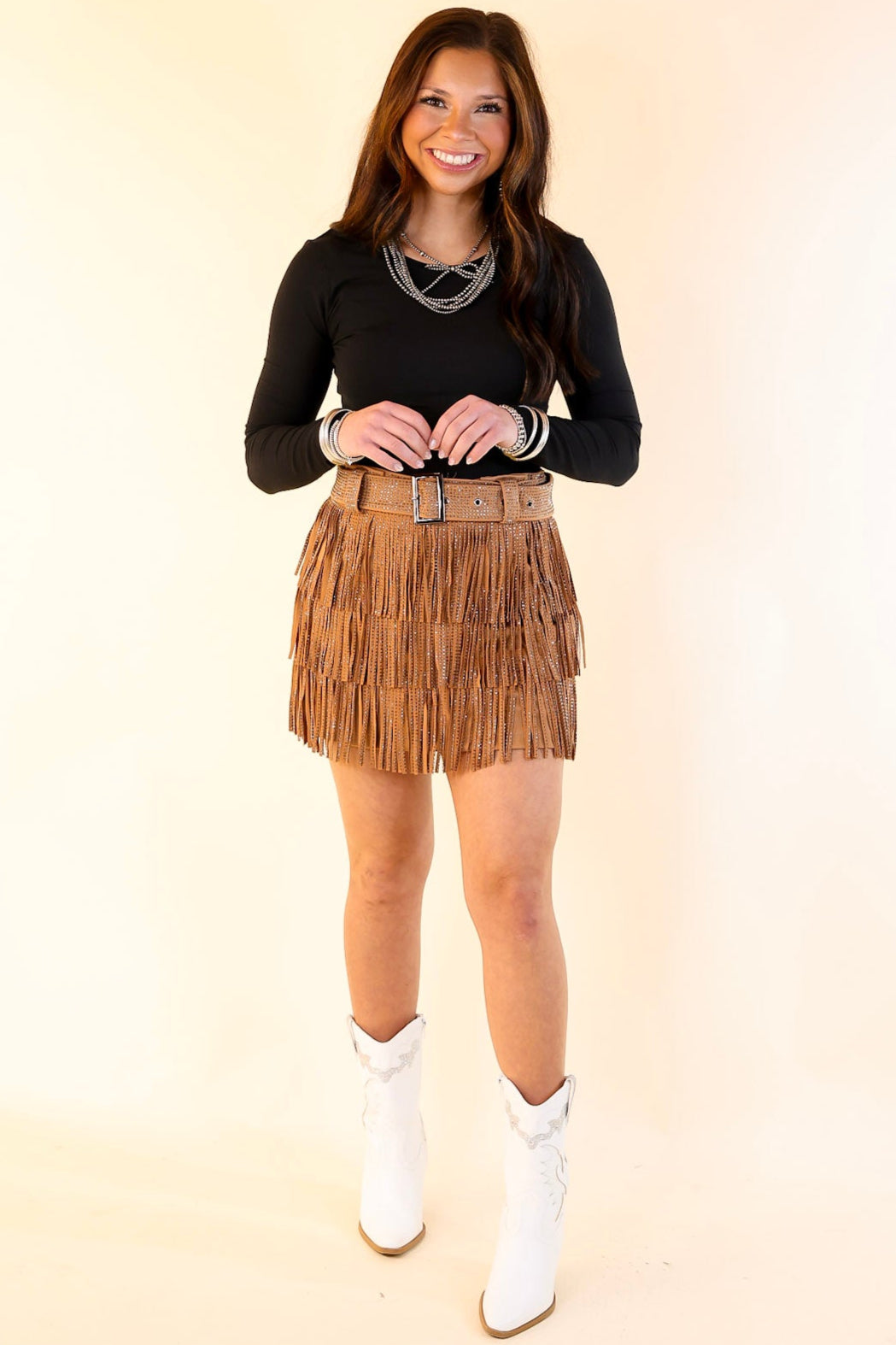 Cowboy Killer Crystal Fringe Mini Skort in Camel Brown