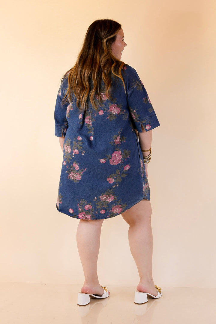 Flirting with Florals Floral Denim Shirt Dress with Gold Button Detail in Classic Blue Denim