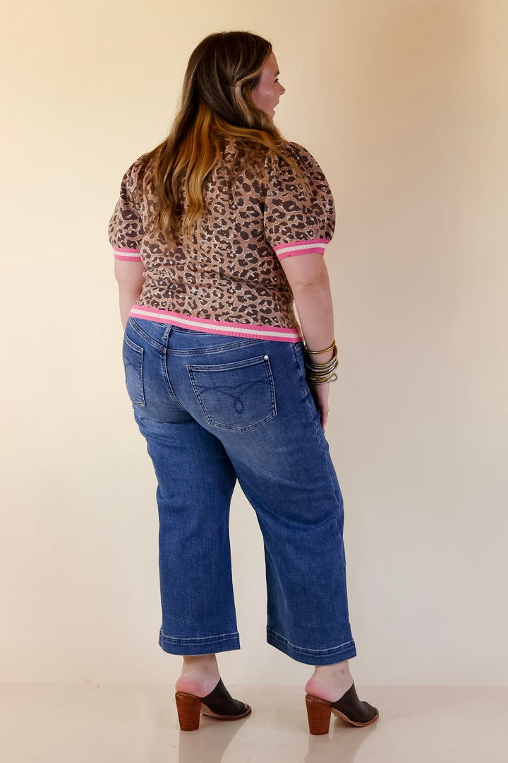 Feline Fine Leopard Print Short Sleeve Sweater with Contrast Trim in Pink