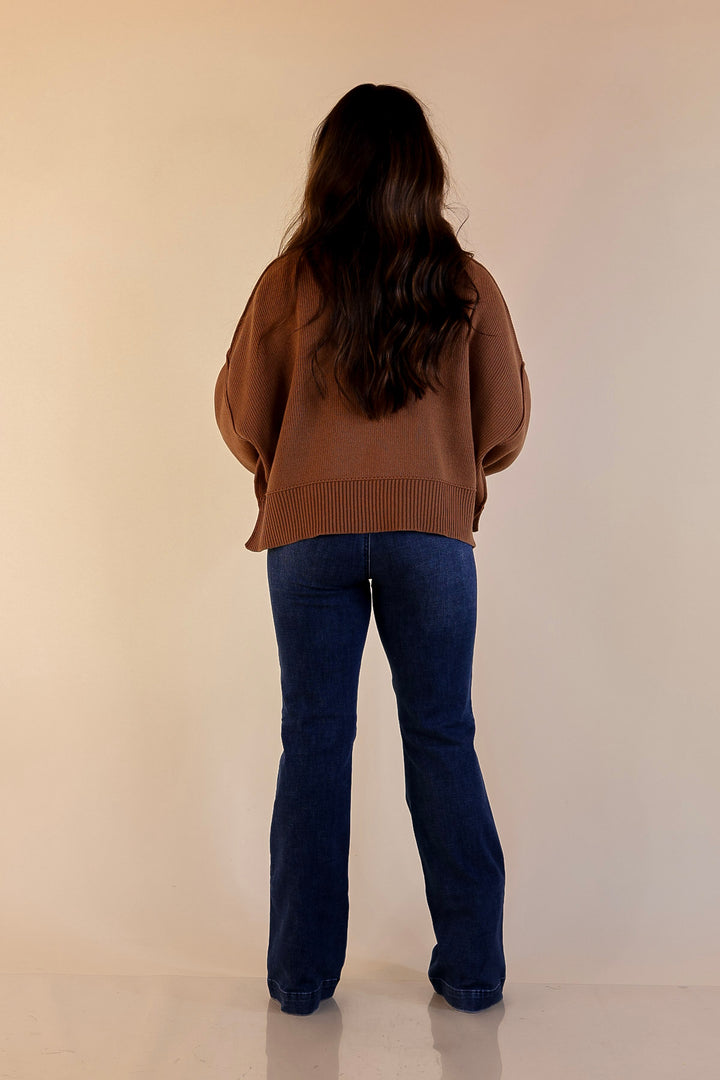 Fireside Fit Cropped Long Sleeve Mock Neck Sweater in Camel Brown