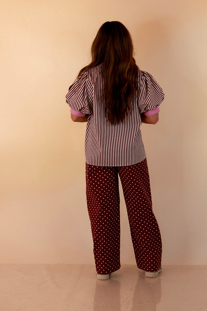 Rosy Outlook Polka Dot Print Wide Leg Denim Pants with Front Seam and Pockets in Maroon
