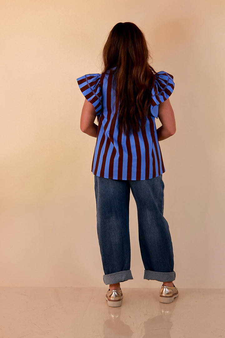 Simply Refined Striped Short Ruffle Sleeve Split Neck Stripe Top in Periwinkle Blue and Chocolate Brown
