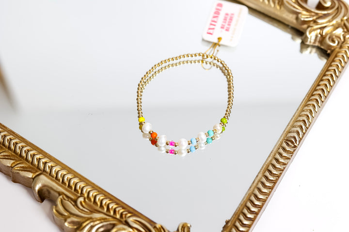 Beaded Blondes | Beach Rainbow Bracelet in Gold with Pearl Accents