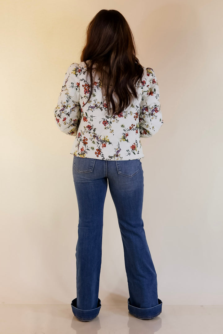 Chic in Bloom Quilted Floral Jacket with Front Ties in Ivory