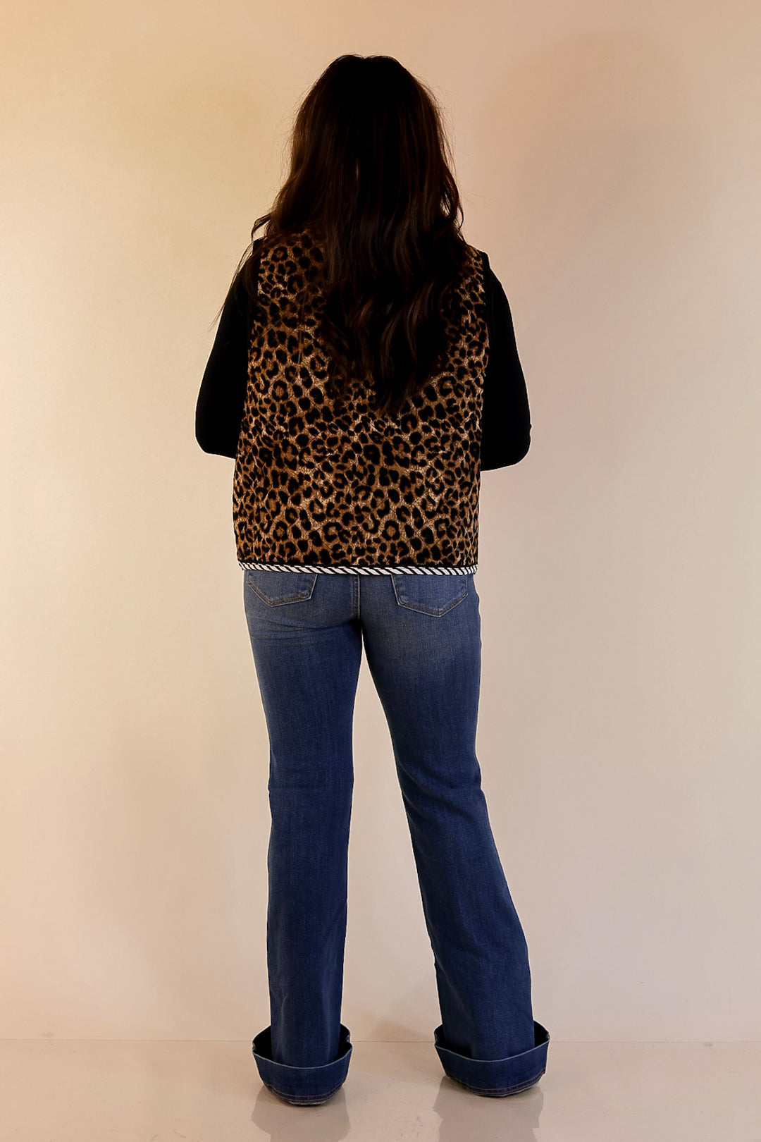 Wildly Chic Quilted Puffer Vest with Stripe Trim and Black Piping in Leopard Print