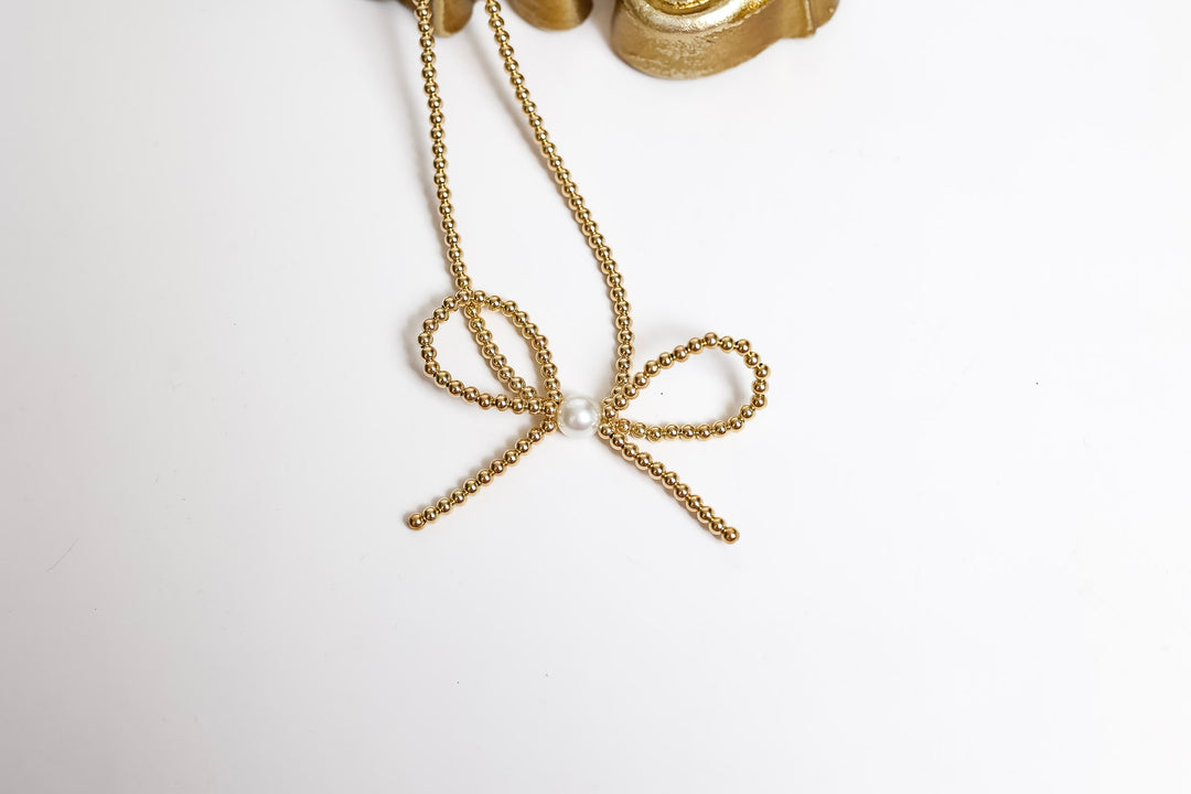Beaded Blondes | Gold Bow Necklace with Pearl Accent