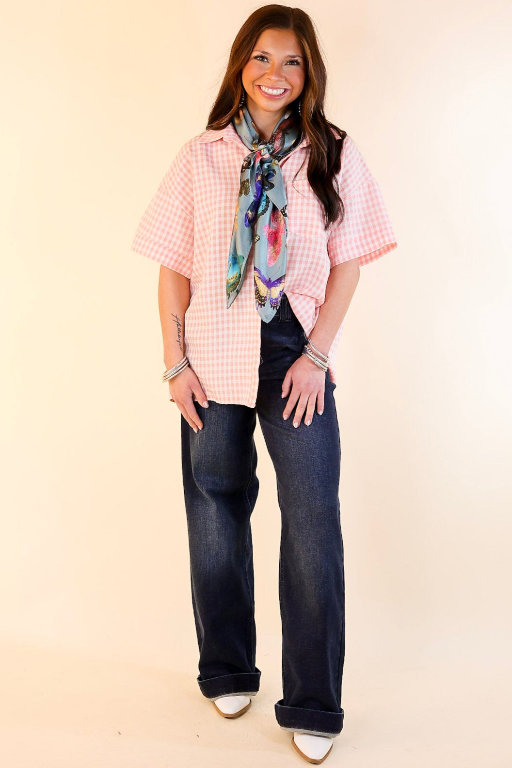What A Rush Button Up Gingham Short Sleeve Top in Light Pink