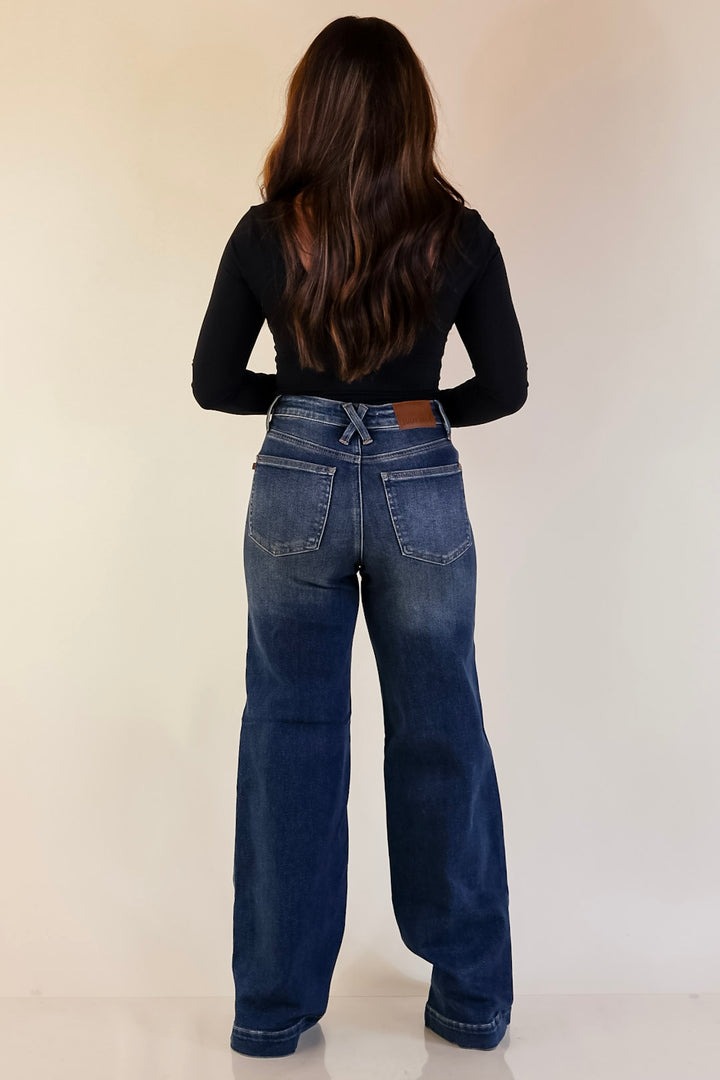 Judy Blue | Perfectly Poised Tummy Control Retro Wide Leg Trouser Jean in Dark Wash