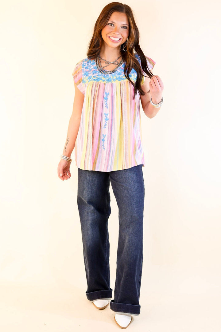 Grab My Hand Serape Ruffle Cap Sleeve Top with Floral Embroidery in Pink Mix