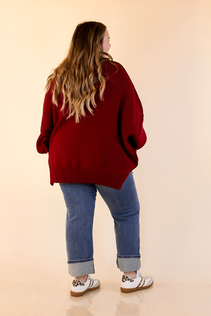 Snug and Stylish Mock Neck Sweater with Side Slit in Maroon