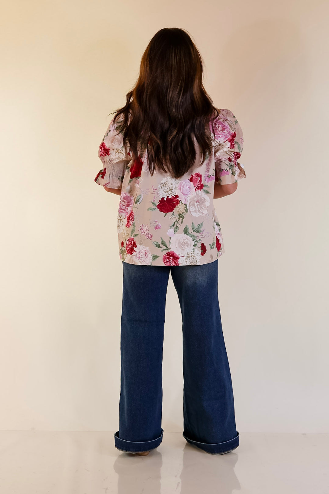 Freshly Picked Floral Print Top with Short Puff Sleeves in Beige
