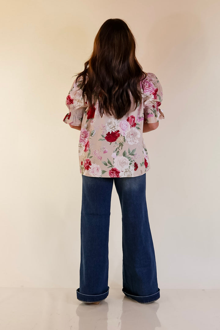 Freshly Picked Floral Print Top with Short Puff Sleeves in Beige