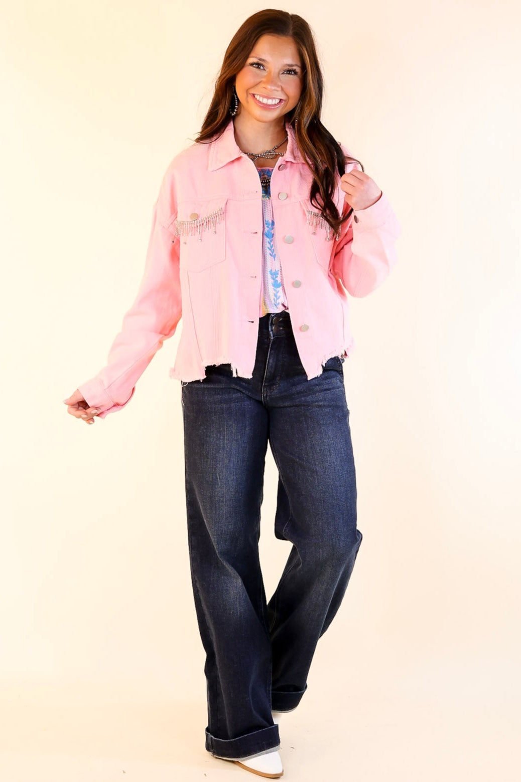 Made To Shine Crystal Fringe Pocket Cropped Denim Jacket in Pink