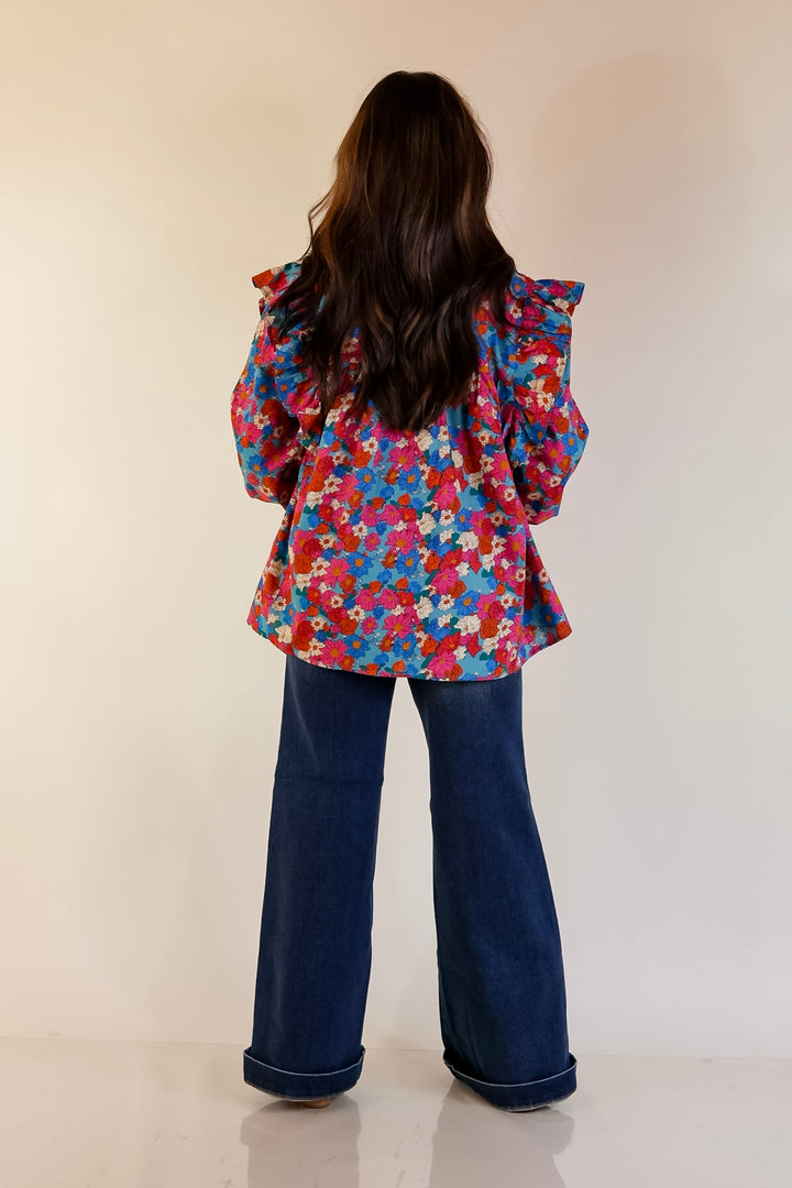 Coffee Perks Floral Ruffle Detail Long Sleeve Top in Turquoise Blue