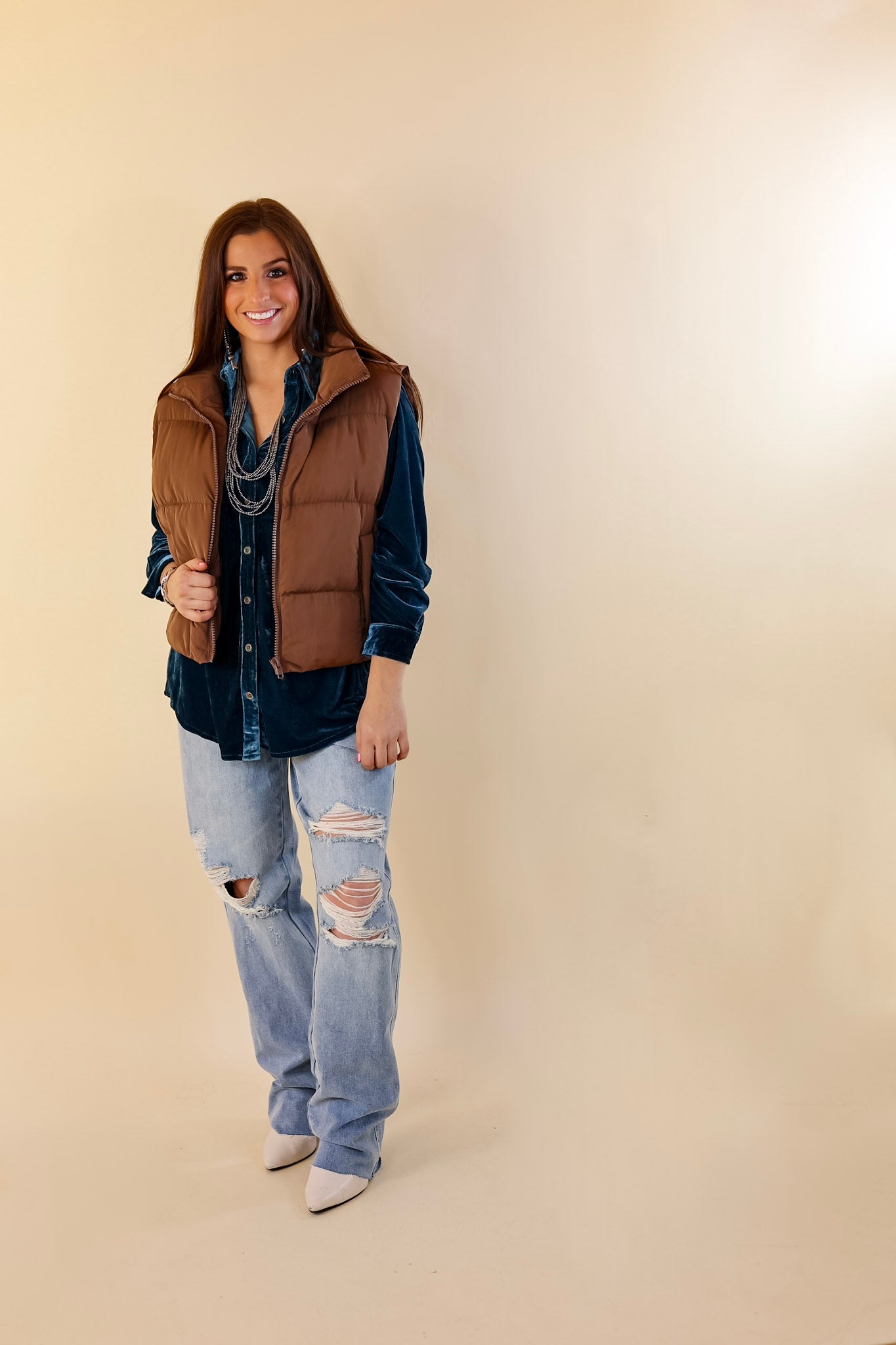 Whispering Pines Puffer Vest in Chocolate Brown - Giddy Up Glamour Boutique