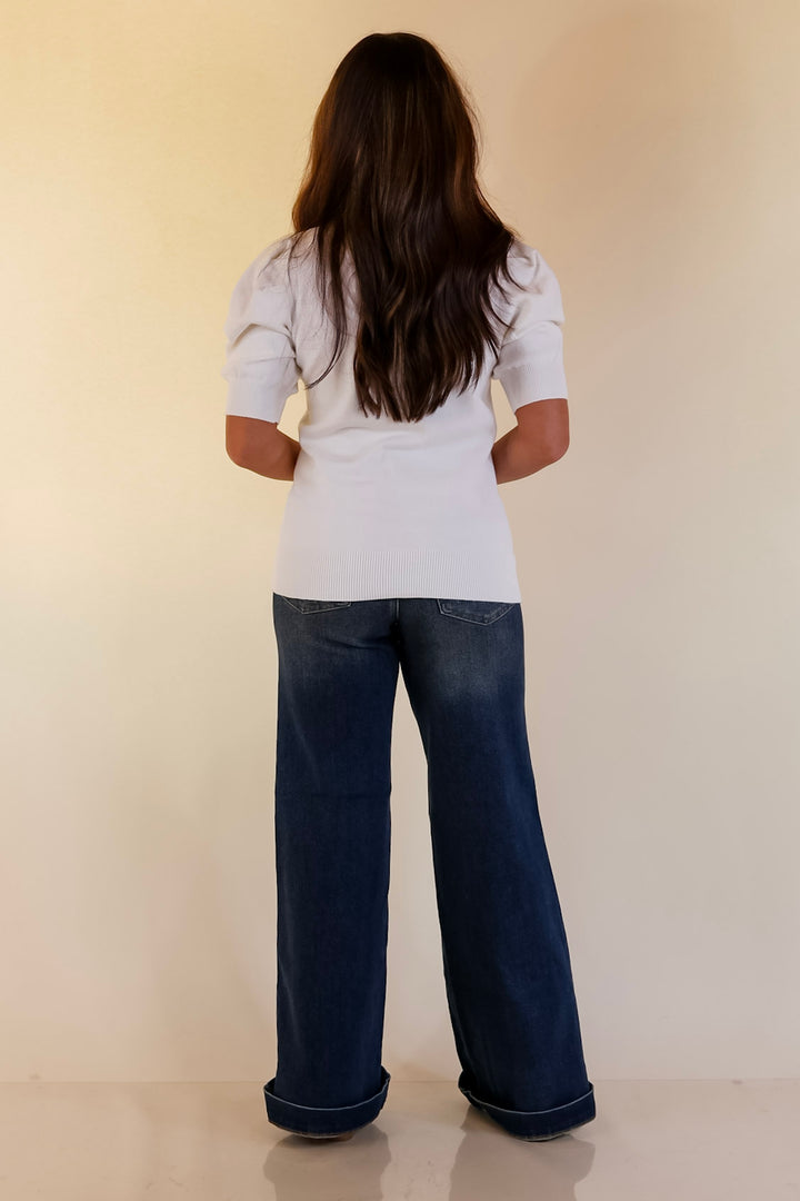 Sweet Sophistication Puff Short Sleeve Knit Sweater with Scoop Neck in Ivory