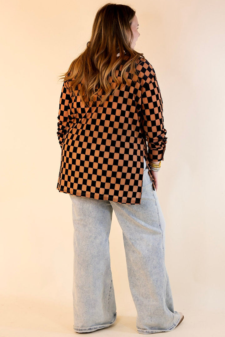 Style Icon Checkered Velvet Button Up Top in Black and Nude