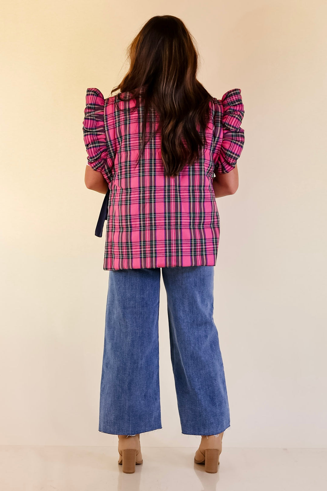 Mud Pie | Jefferies Quilted Plaid Reversible Vest with Ruffle Cap Sleeves and Bow Side Closure in Pink