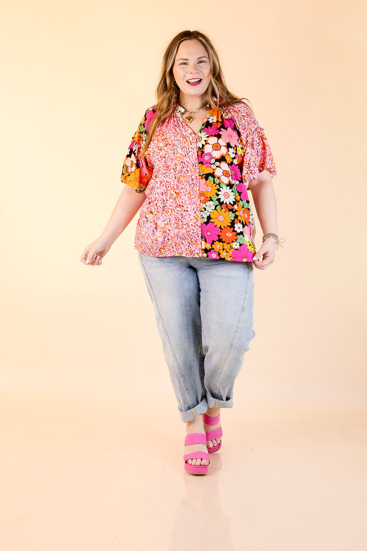 Double Time Abstract Print and Floral Print Top in Black and White