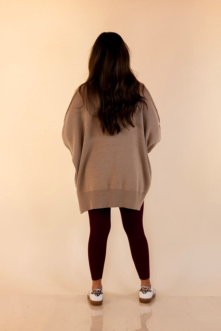 Snug and Stylish Mock Neck Sweater with Side Slit in Light Mocha Brown