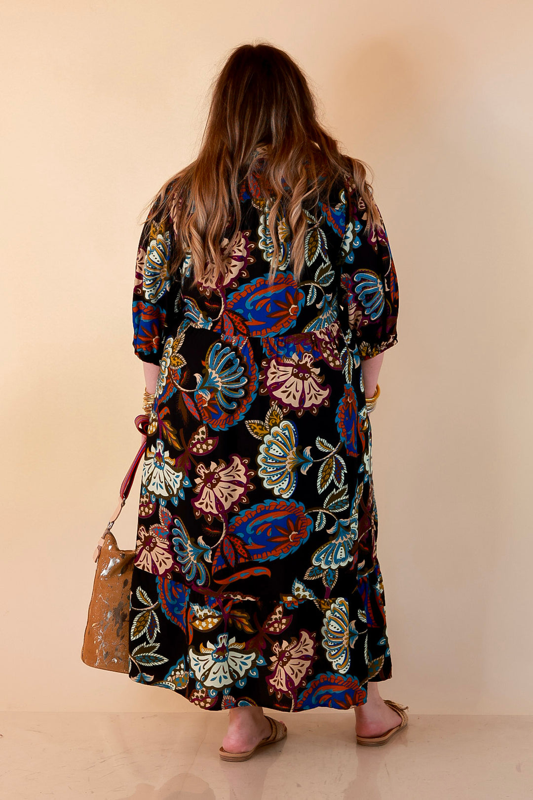 Season of Style Floral Print V Neck 3/4 Sleeve Collared Tiered Midi Dress in Black Multi