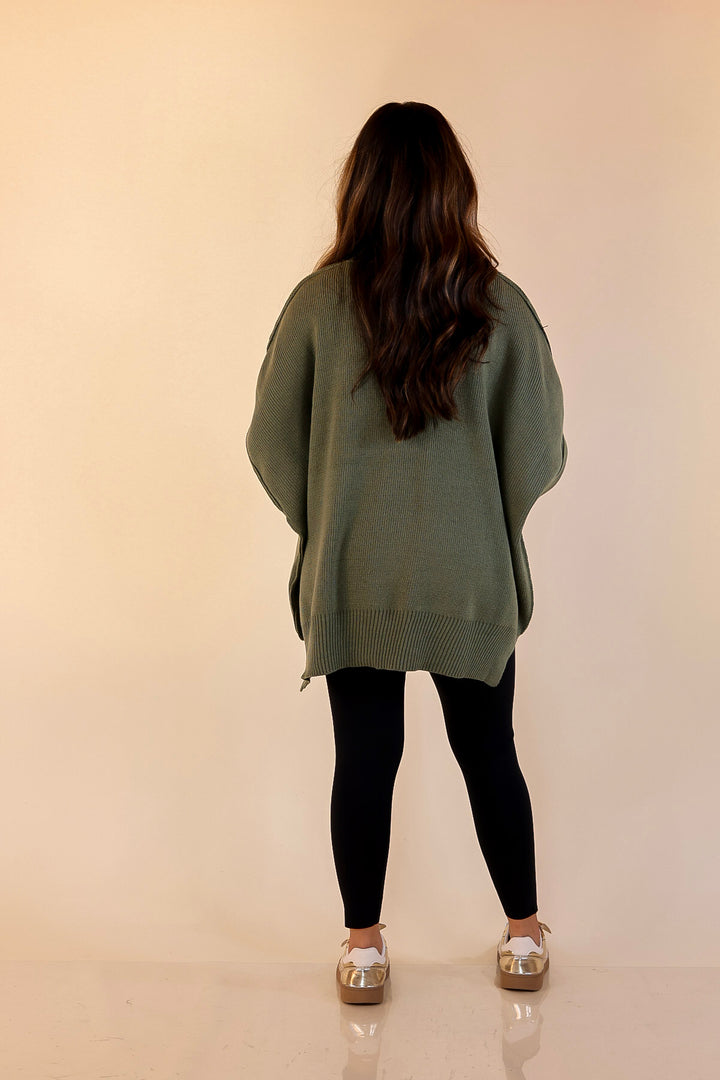 Snug and Stylish Mock Neck Sweater with Side Slit in Olive Green