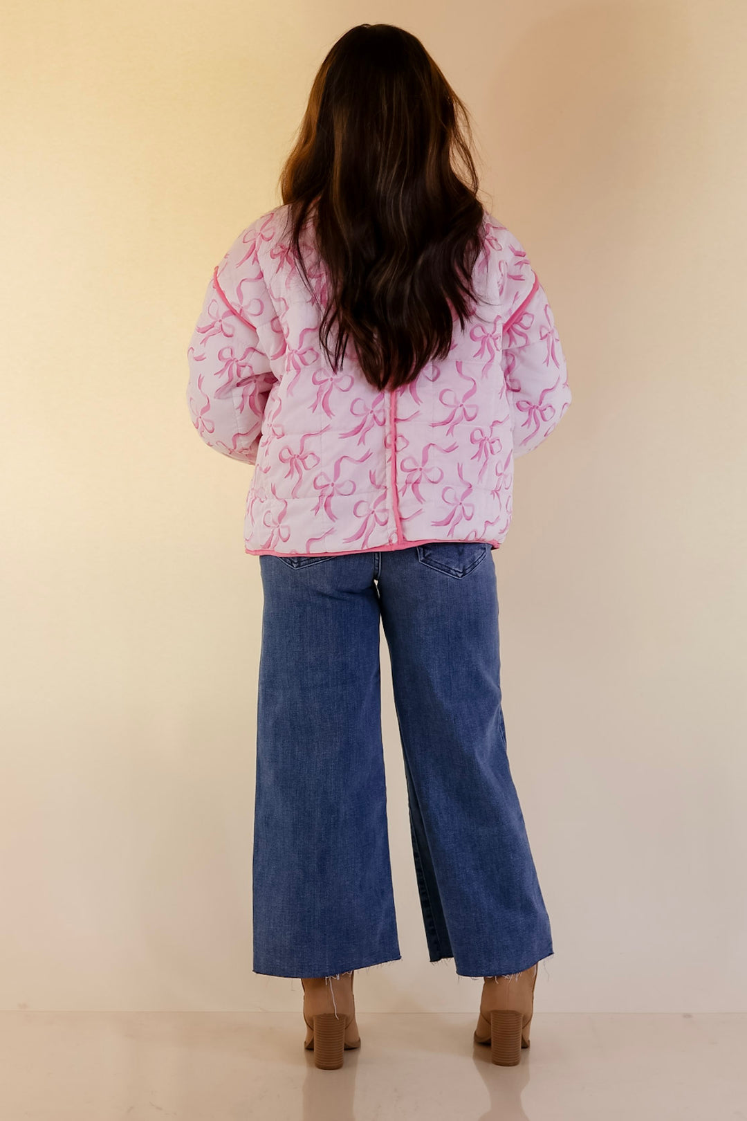 Mud Pie | Cher Quilted Jacket with Pink Bow Print and Pink Piping and Pockets in Off White