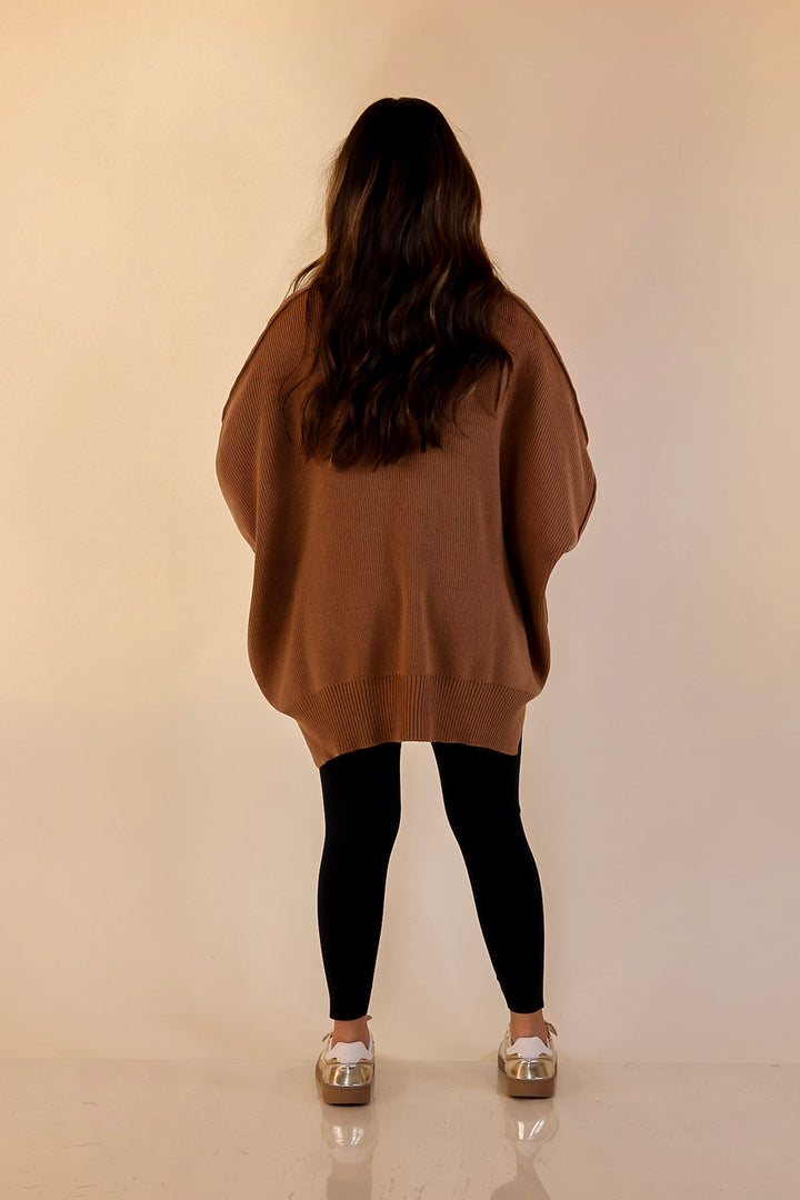 Snug and Stylish Mock Neck Sweater with Side Slit in Camel Brown