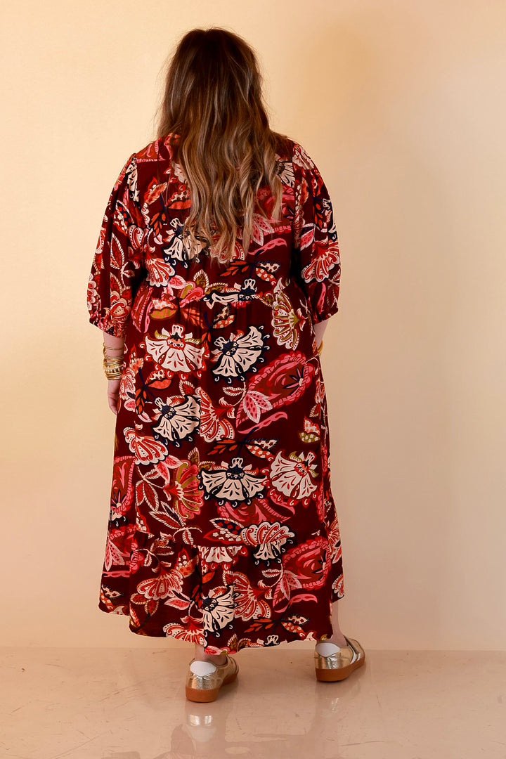 Season of Style Floral Print V Neck 3/4 Sleeve Collared Tiered Midi Dress in Maroon Multi