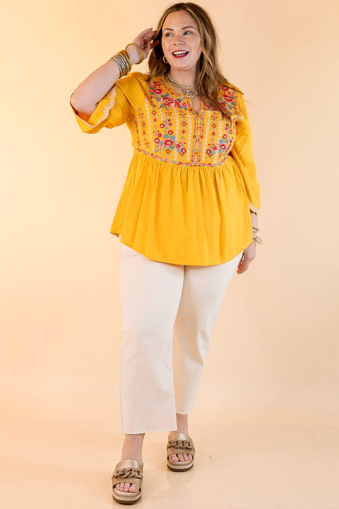 Already Mine 3/4 Bell Sleeve Embroidered Babydoll Top in Mustard Yellow