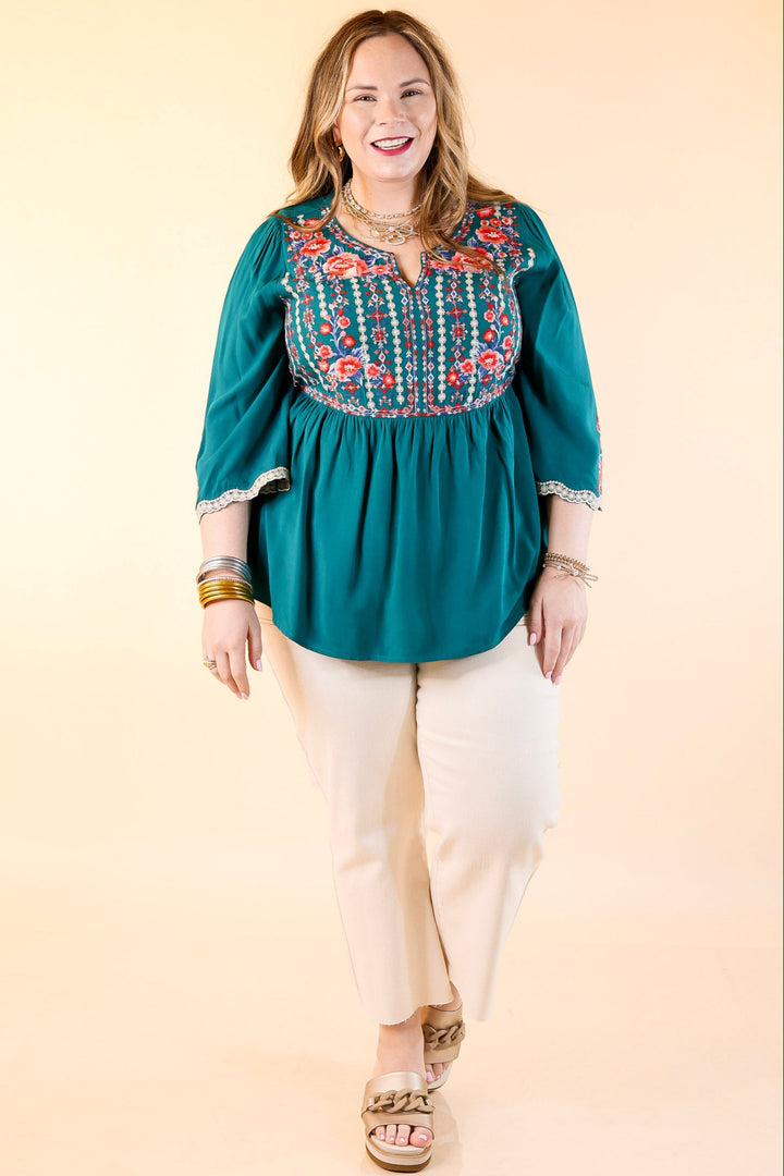 Already Mine 3/4 Bell Sleeve Embroidered Babydoll Top in Teal