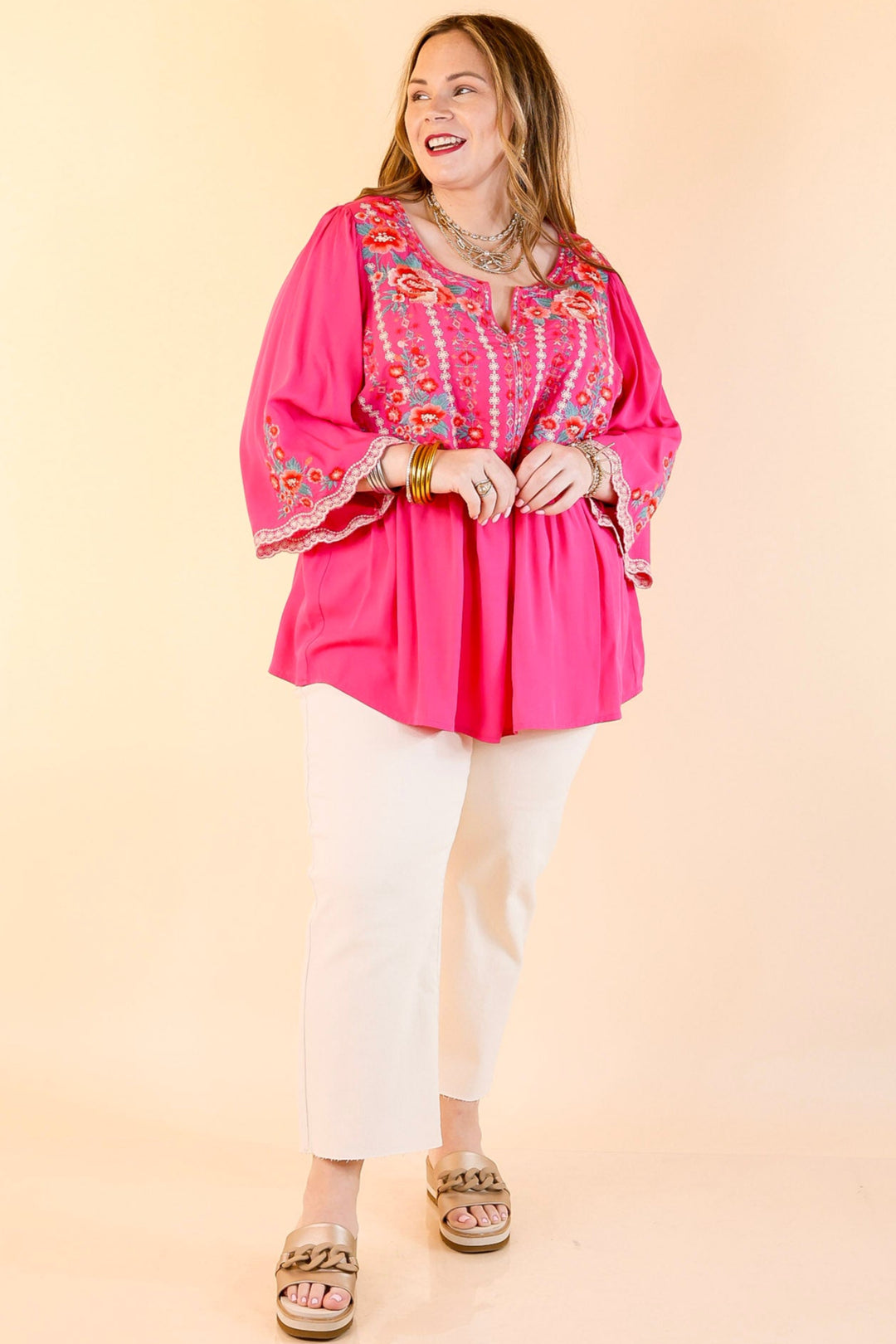 Already Mine 3/4 Bell Sleeve Embroidered Babydoll Top in Pink