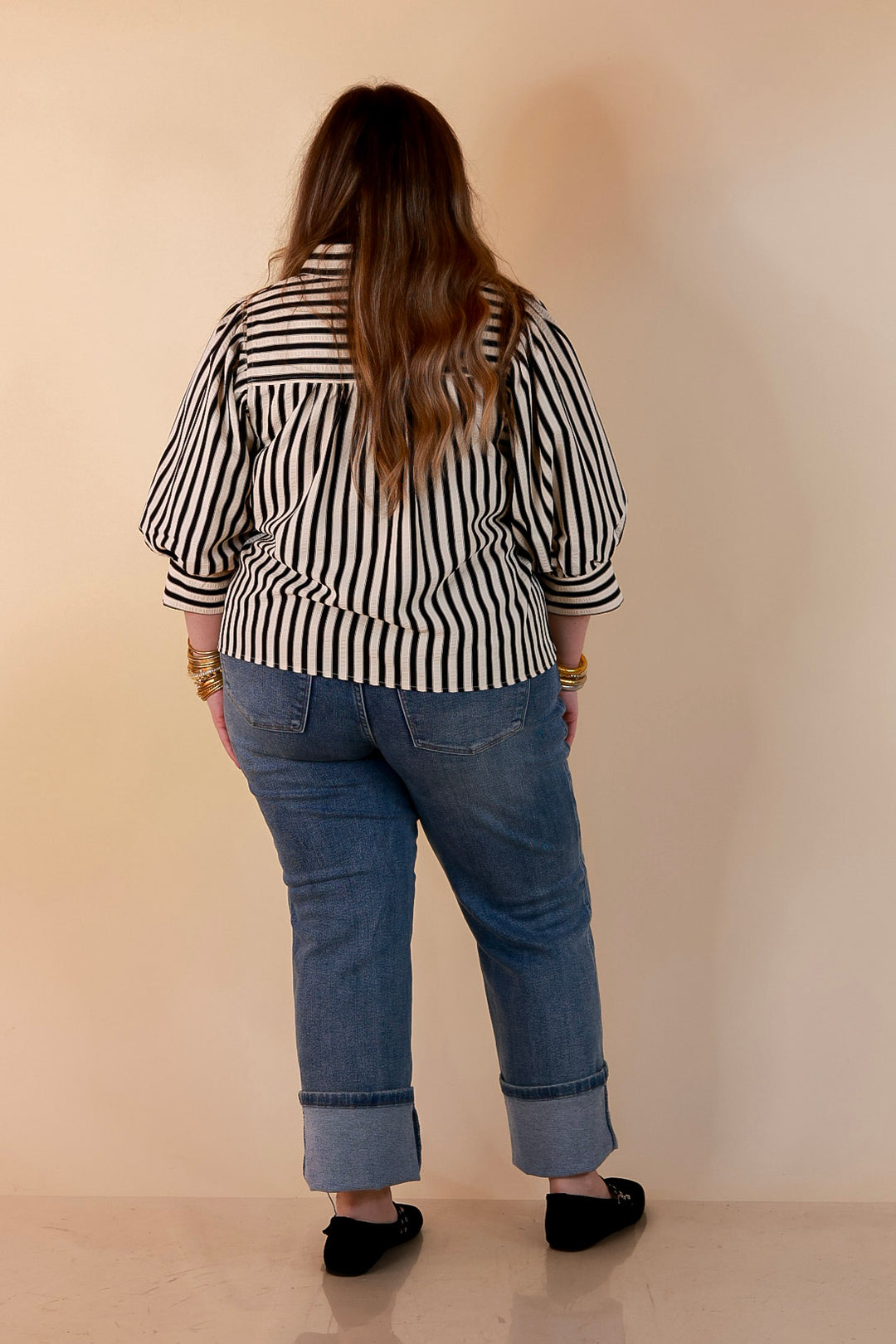 The Bold Type Striped 3/4 Sleeve Button-Up Top in Ivory with Black Stripes