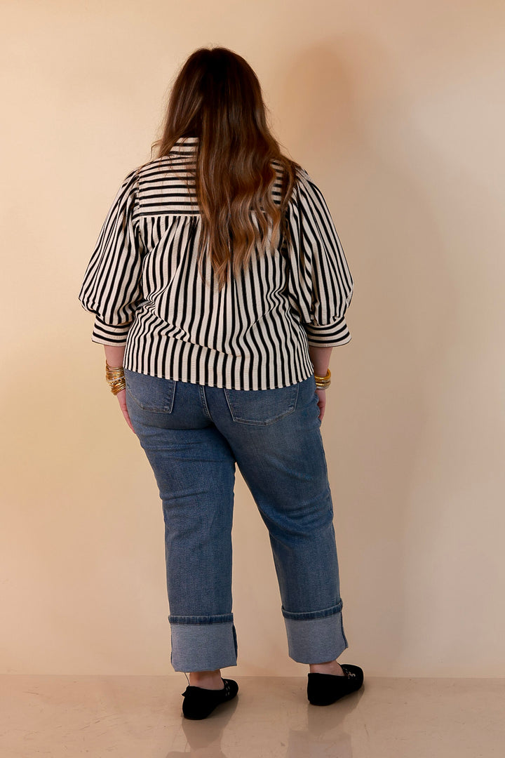The Bold Type Striped 3/4 Sleeve Button-Up Top in Ivory with Black Stripes