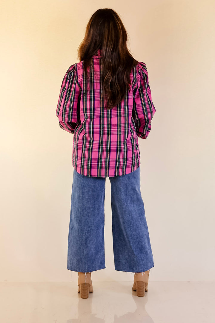 Mud Pie | Mitzy Plaid Babydoll Top with 3/4 Balloon Sleeves in Pink
