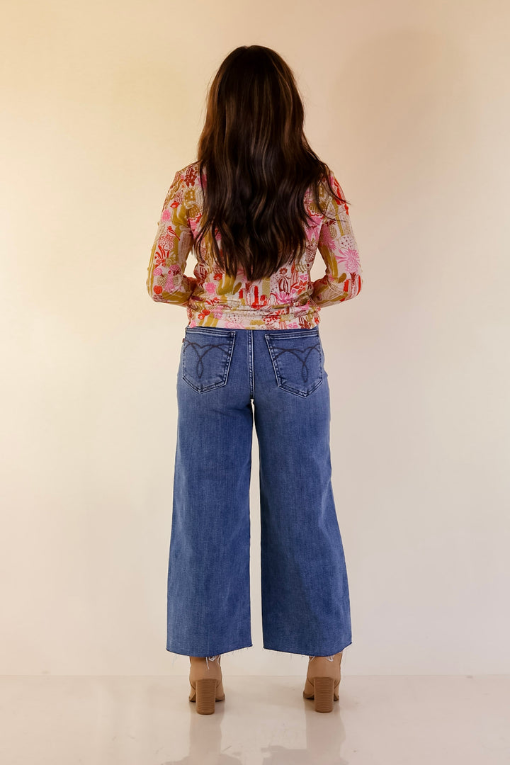 Western Dream Cacti Print Mesh Long Sleeve Top in Cream, Olive Green and Pink