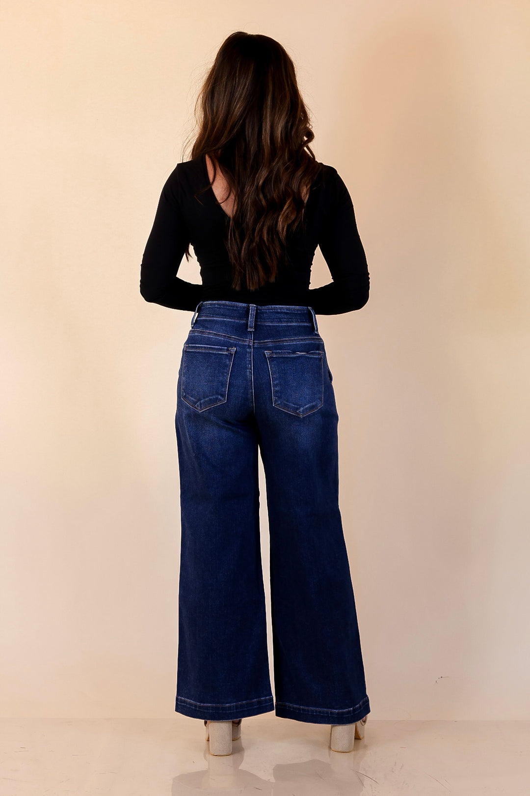 Risen | Steady Style Cropped Wide Leg Trouser Jean with Pocket Detailing in Dark Wash