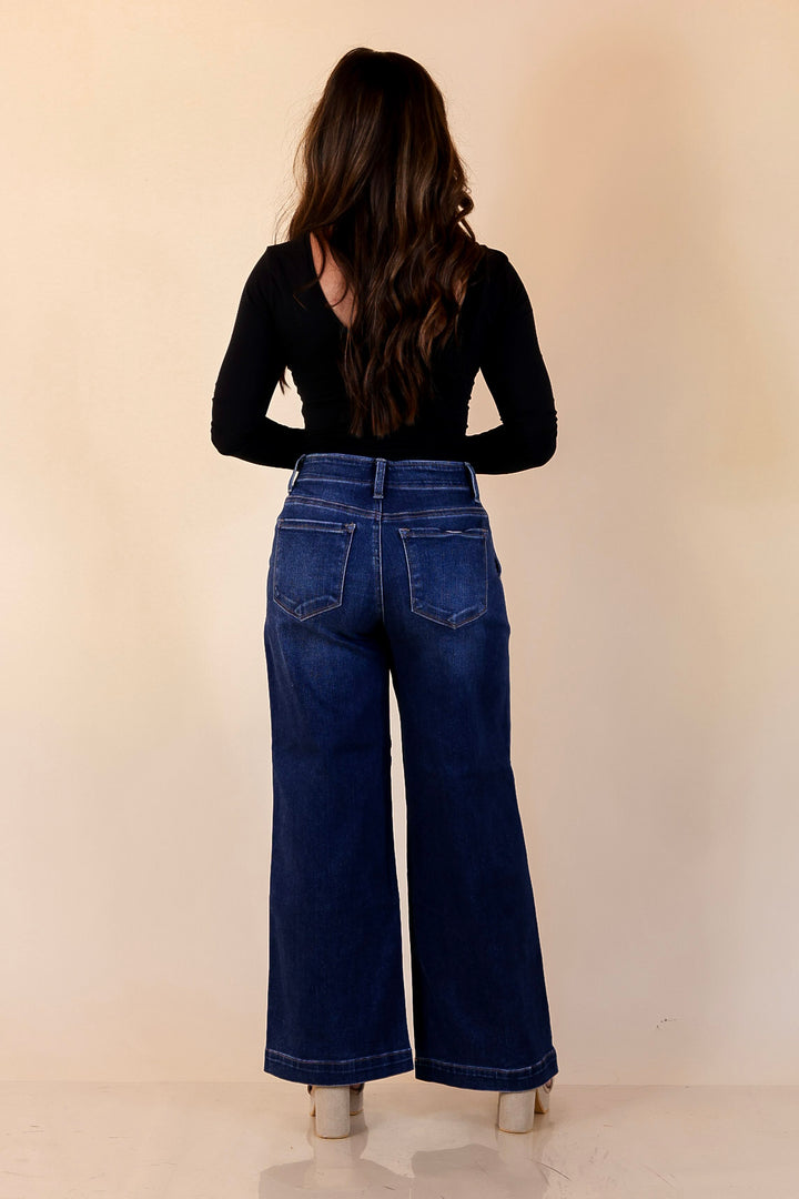 Risen | Steady Style Cropped Wide Leg Trouser Jean with Pocket Detailing in Dark Wash