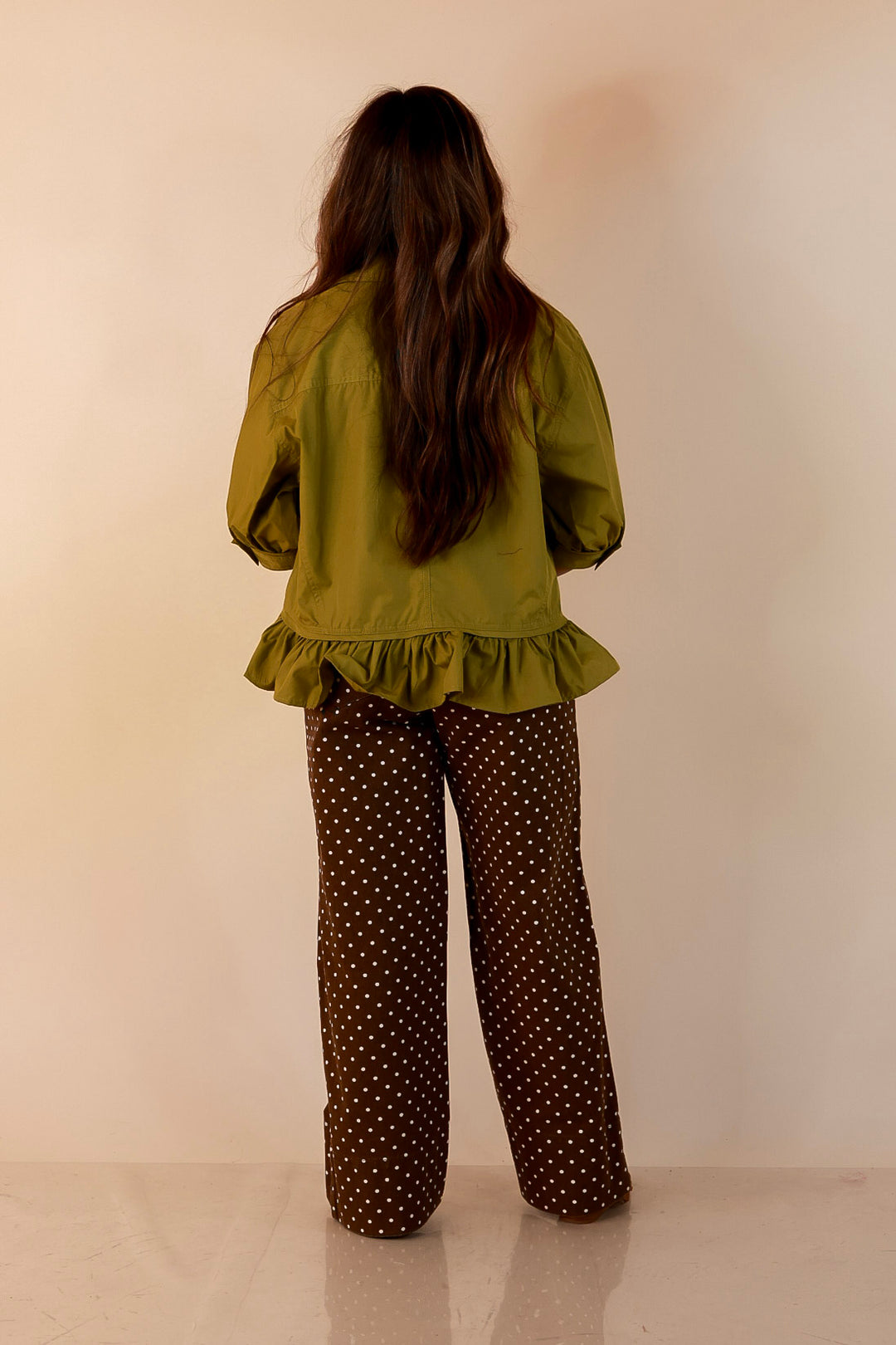 Style Agenda Solid Button Down Peplum Top in Chartreuse Olive Green