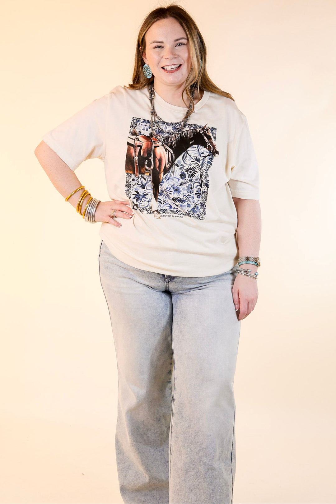 XOXO Art & Co | Denim Horse Short Sleeve Graphic Tee in Natural Cream