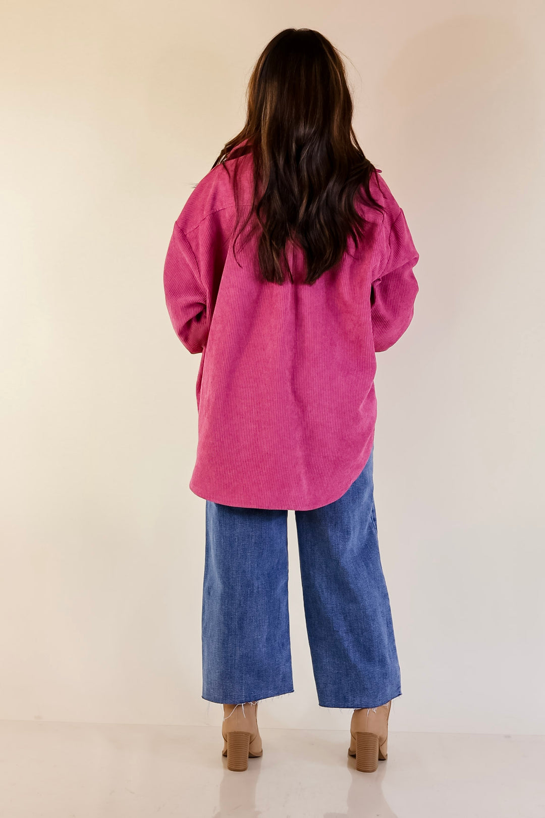 All Dolled Up Button Up Corduroy Shacket in Orchid Pink