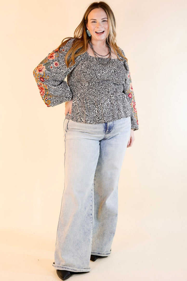 Point The Way Damask Print Peplum Top with Long Embroidered Sleeves