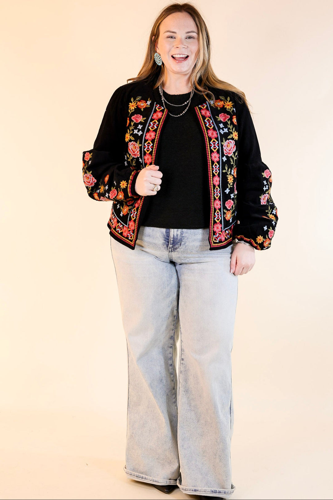 More To Say Corduroy Floral Embroidered Jacket in Black