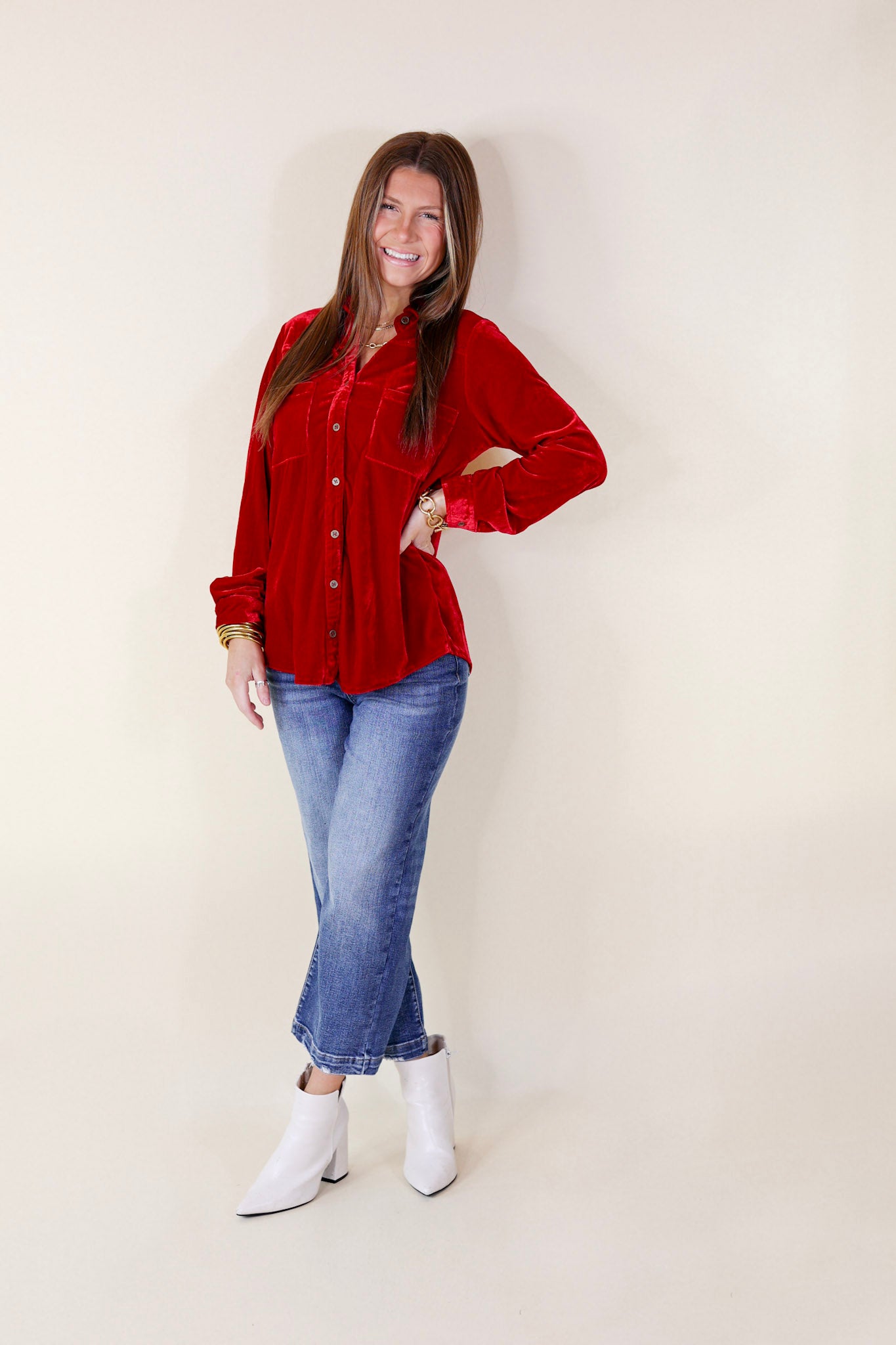 Candy Apple Evening Button Up Velvet Long Sleeve Blouse in Red - Giddy Up Glamour Boutique